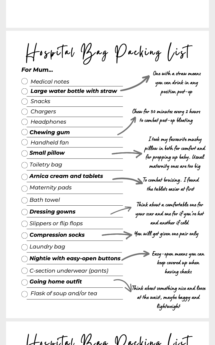 Hospital bag checklist - c-section specific - free download